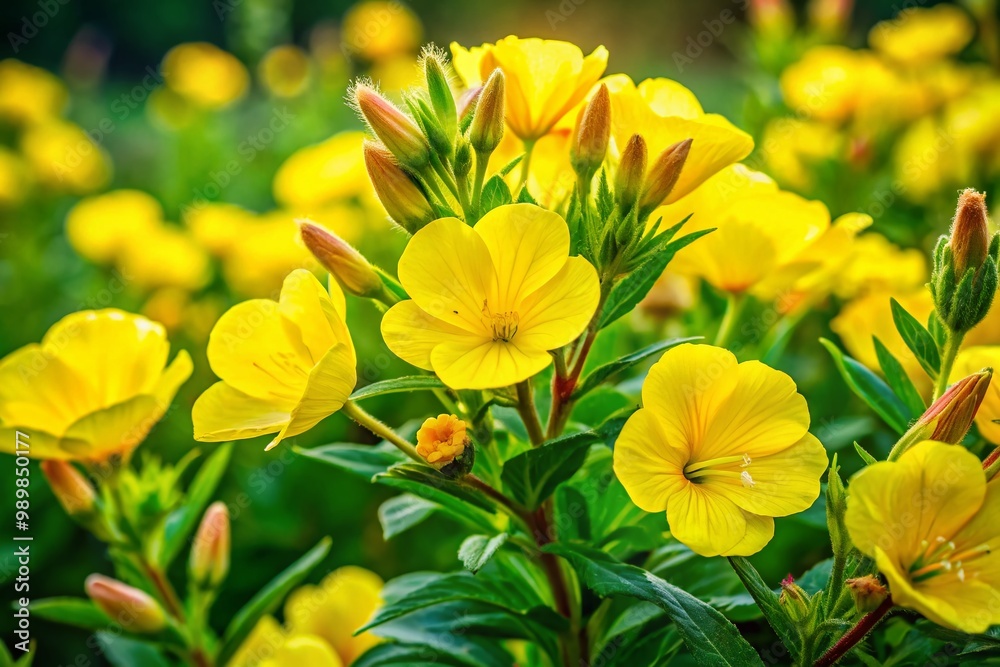 Beautiful Evening Primrose Plant in Bloom with Vibrant Yellow Flowers Against a Green Background Beautiful Evening Primrose Plant in Bloom with Vibrant Yellow Flowers Against a Green Background