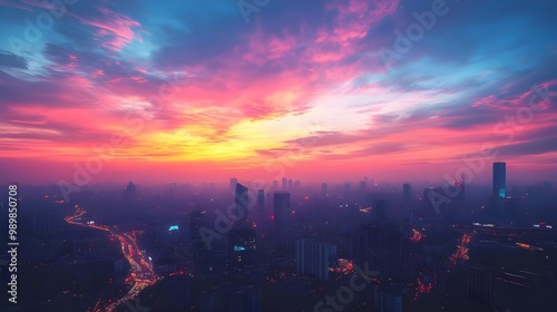 Misty cityscape at dawn with sun rising behind view