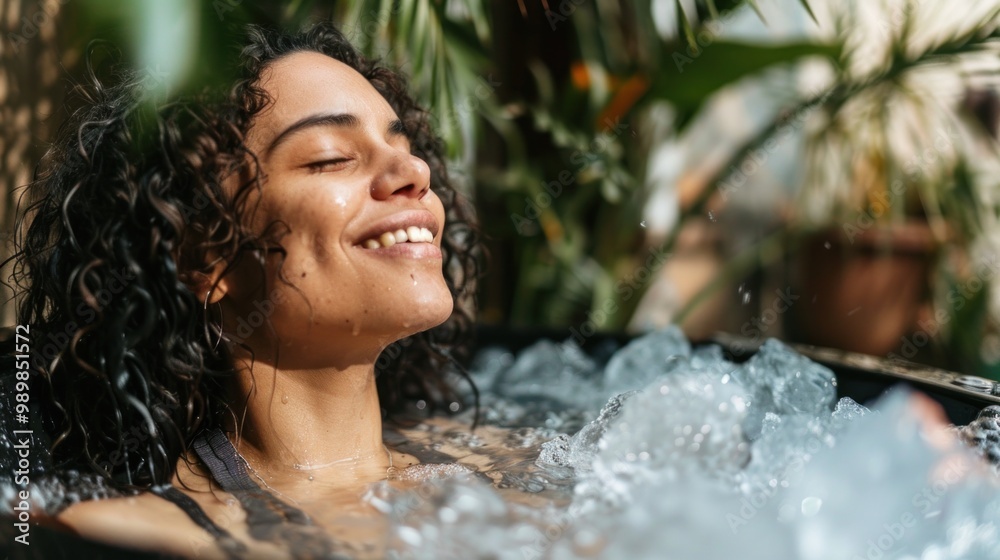 Fototapeta premium Joyful woman of African descent enjoying a refreshing ice bath surrounded by tropical plants.