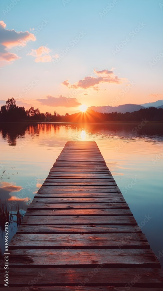 Obraz premium Peaceful lake scene with dock during breathtaking sunset image