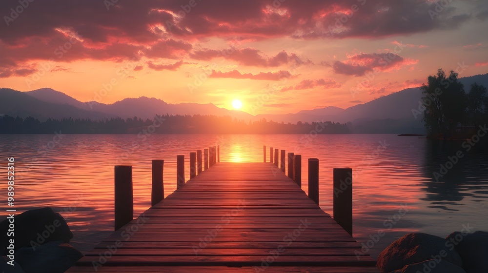 Obraz premium Lake reflection mirrored off empty wooden dock beautifully image