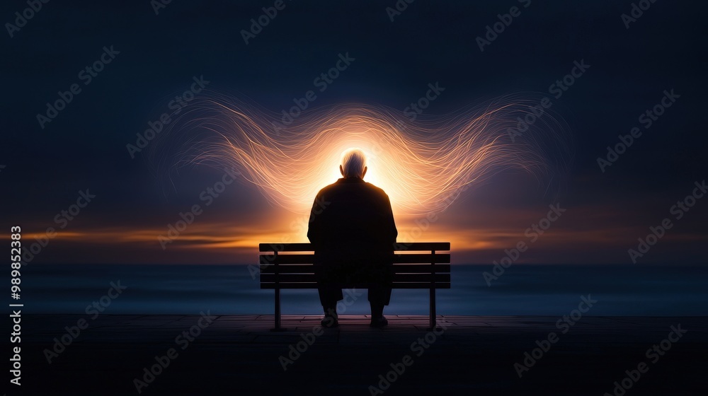 Obraz premium Silhouette of Person Sitting on Bench at Dusk with Abstract Light