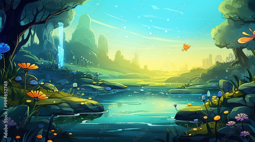 Obraz premium Tranquil Forest Stream With Colorful Flowers and a Flying Butterfly