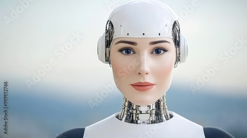 Robot with human-like features, white isolate background