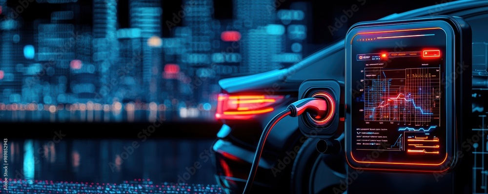 A modern electric vehicle charging station illuminated with vibrant ...