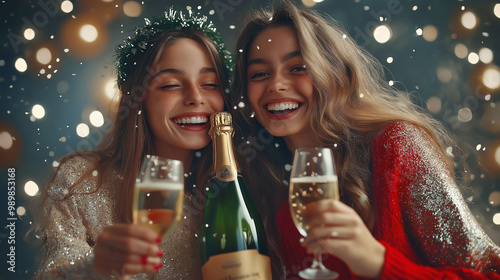 Two beautiful elegant women clinking champagne glasses.