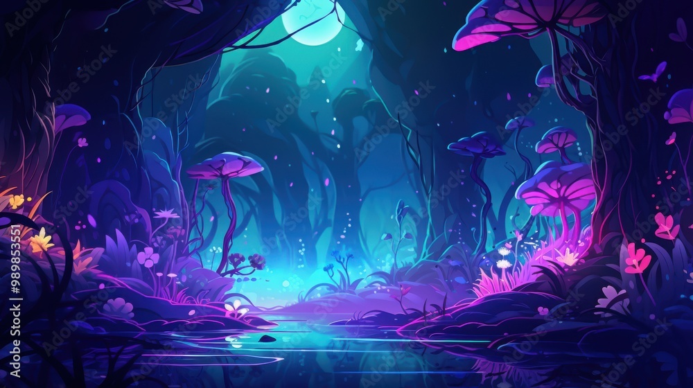 Surreal Forest with Glowing Flowers, Moonlight, and a Reflective River Surreal Forest with Glowing Flowers, Moonlight, and a Reflective River