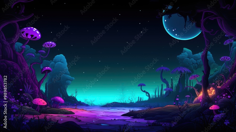 Ethereal Forest with Glowing Mushrooms and a Blue Moon Ethereal Forest with Glowing Mushrooms and a Blue Moon