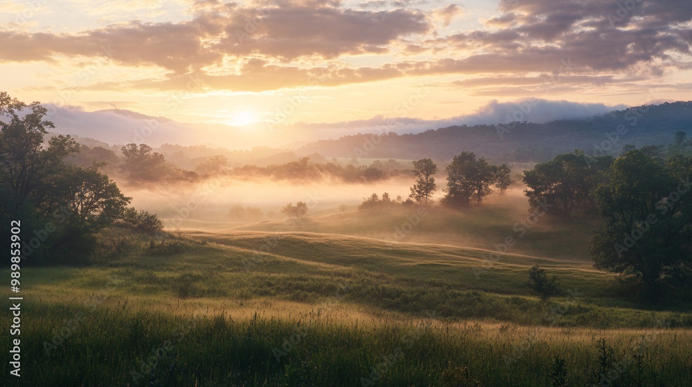 Obraz premium Tranquil Monday Morning: Misty Sunrise Over Calm Countryside