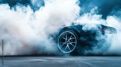 A high performance car accelerates from standstill, creating dramatic scene filled with smoke and excitement. powerful engine roars as tires grip surface, showcasing speed and adrenaline photo