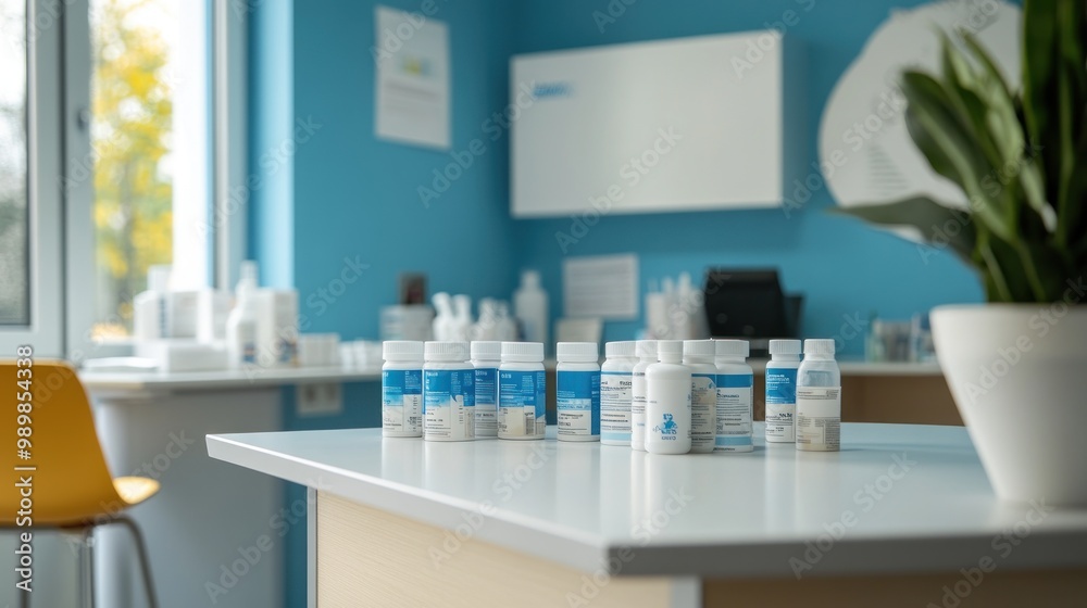 A bright interior with health products on a table, emphasizing wellness and care. A bright interior with health products on a table, emphasizing wellness and care.