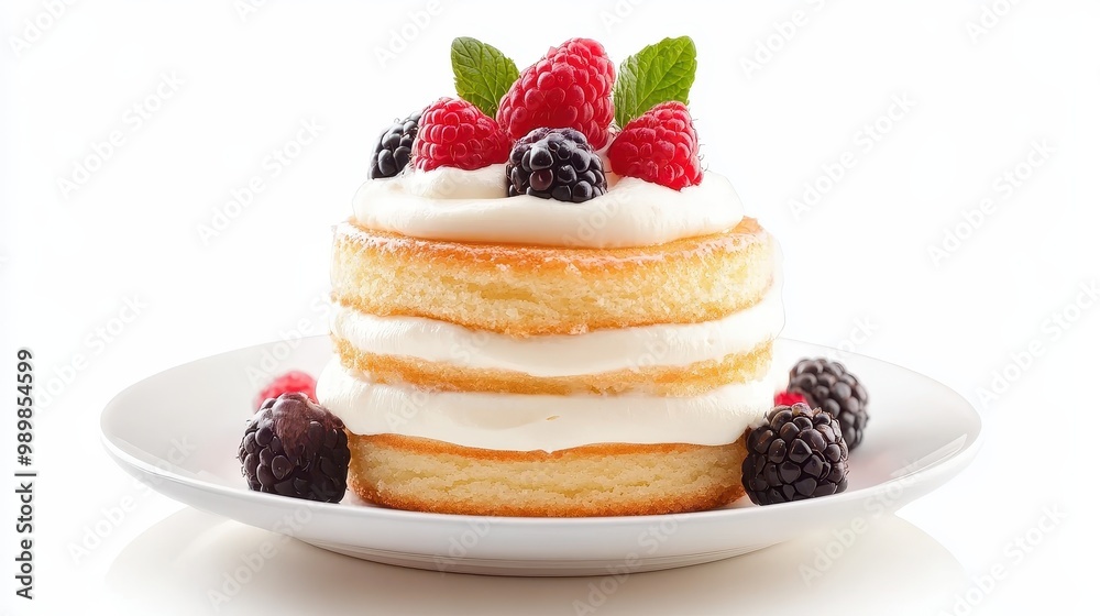 A white cake with blackberries and raspberries on top A white cake with blackberries and raspberries on top