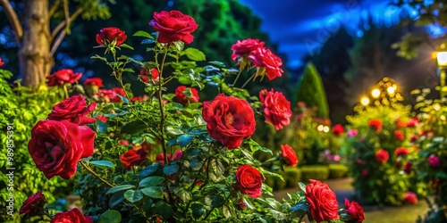 Beautiful thorn rose bush with vibrant flowers and lush green foliage in a natural garden setting