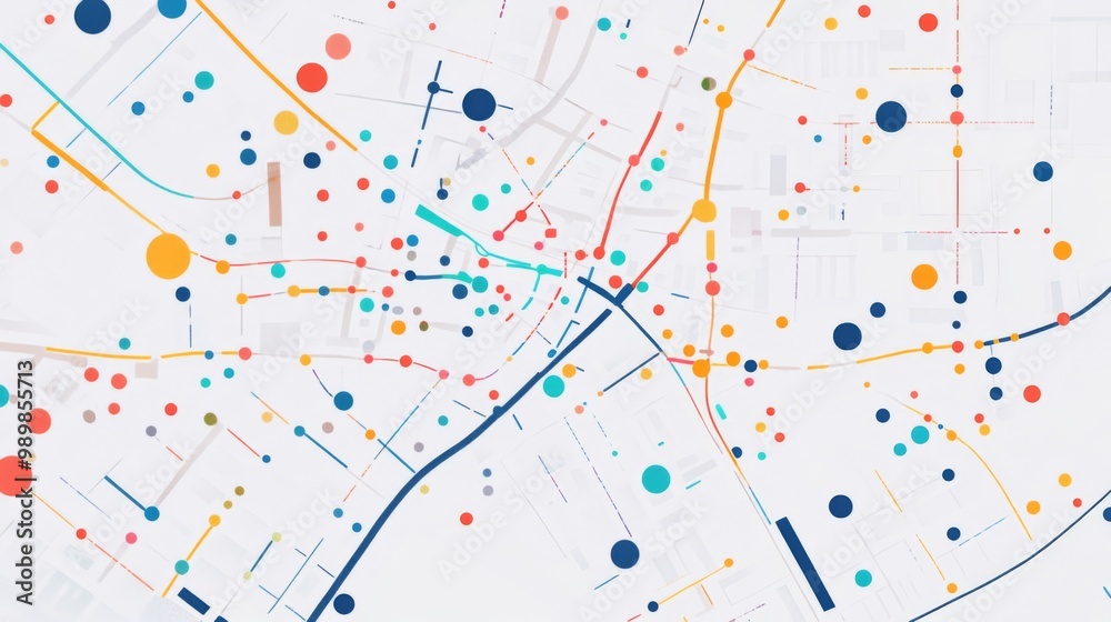 White screen featuring an outline of a city map with colorful lines and dots representing various roads. White screen featuring an outline of a city map with colorful lines and dots representing various roads.