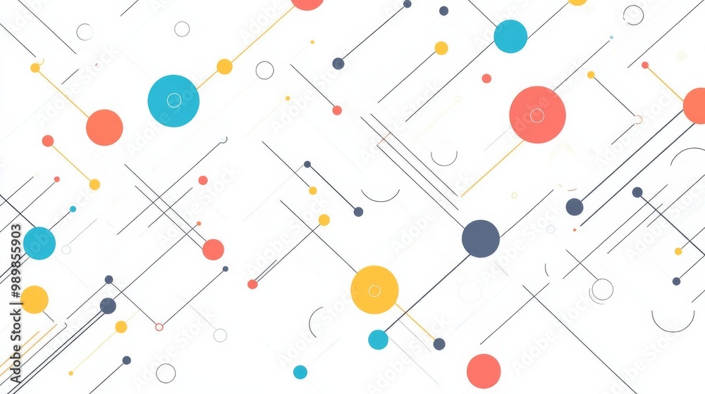 White screen featuring simple line art with colorful lines and dots, illustrating the process of a data flow diagram. The design evokes an animated feel, resembling cartoon or motion graphics style, s White screen featuring simple line art with colorful lines and dots, illustrating the process of a data flow diagram. The design evokes an animated feel, resembling cartoon or motion graphics style, s