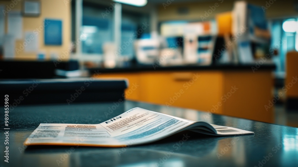 A brochure lies on a counter in a modern office environment. A brochure lies on a counter in a modern office environment.