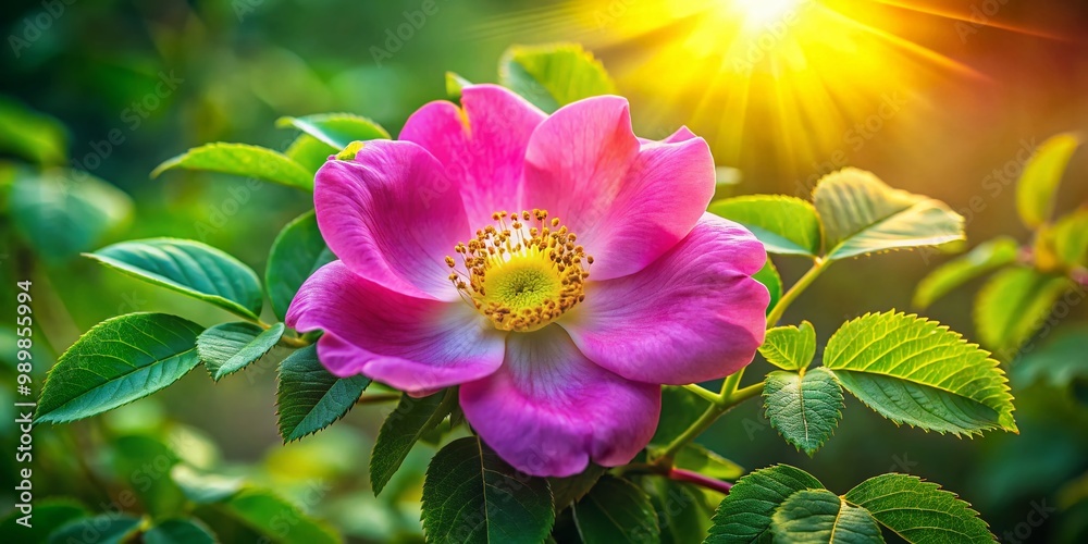 Beautiful Wild Rose Blooming in Nature with Delicate Petals and Lush Green Leaves in Soft Light Beautiful Wild Rose Blooming in Nature with Delicate Petals and Lush Green Leaves in Soft Light