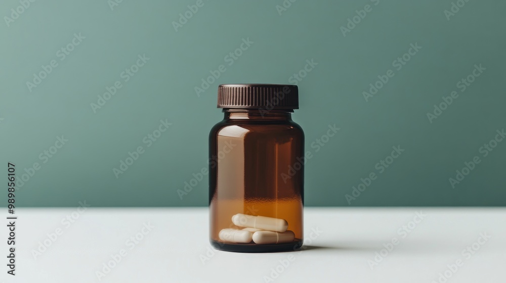A brown glass bottle containing capsules, set against a simple background. A brown glass bottle containing capsules, set against a simple background.