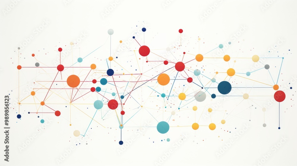 White screen featuring simple line art with colorful lines and dots, illustrating the process of a data flow diagram. The design evokes an animated feel, resembling cartoon or motion graphics style, s