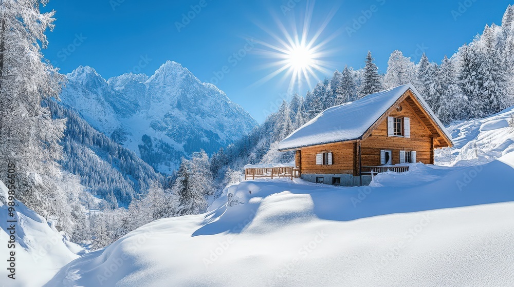 Fototapeta premium Charming snowy chalet with sunlit mountain backdrop