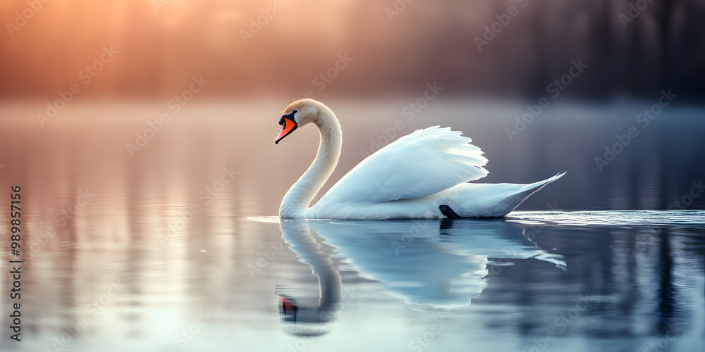 Fototapeta premium Serene swan floating on calm pond
