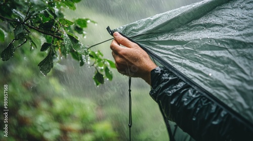 Hiker Setting Up Tent in Light Rain