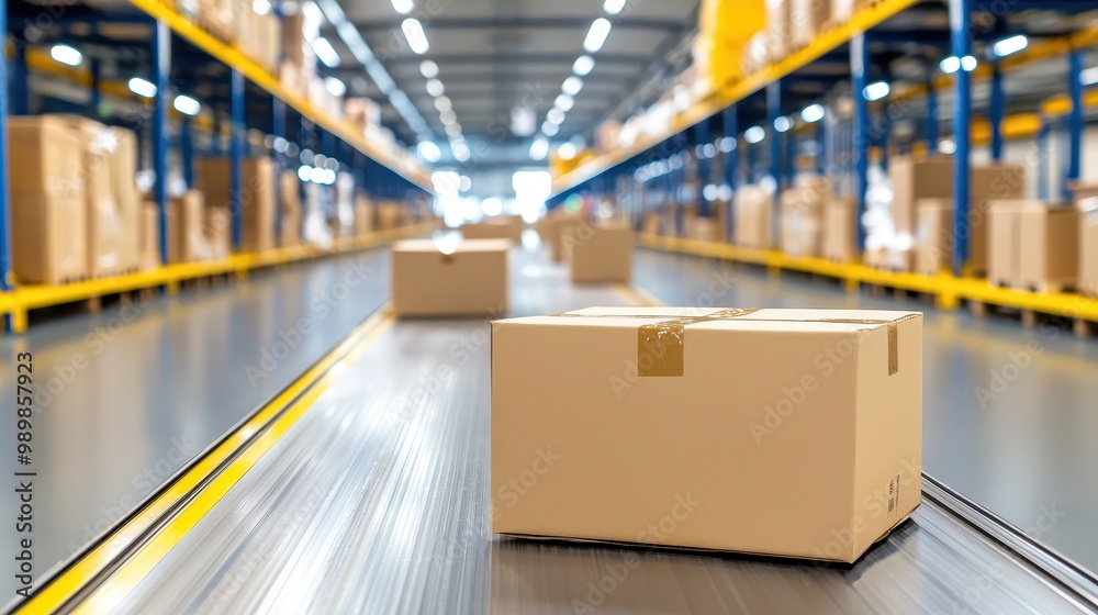 Fototapeta premium Boxes on Conveyor Belt in Modern Warehouse Environment