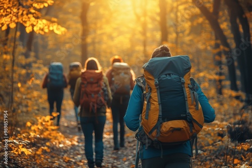 Hikers explore a sunlit autumn forest trail while enjoying nature's vibrant colors and crisp air