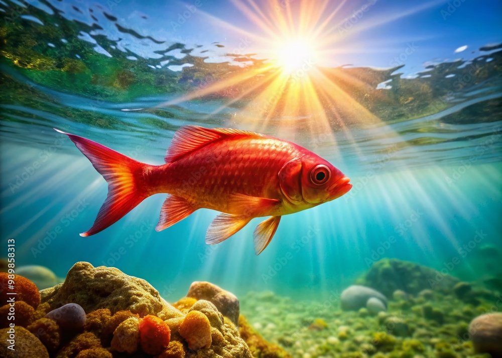 Fototapeta premium Bright Red Small Fish Swimming Gracefully in Clear Water on a Sunny Day Underwater Scene