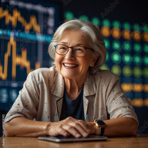 Joyful elderly woman exploring cryptocurrency markets, immersed in digital financial graphics