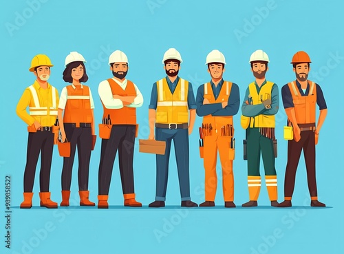 A group of construction workers, including an engineer and an architect, standing together in uniform. Vector illustration on a blue background