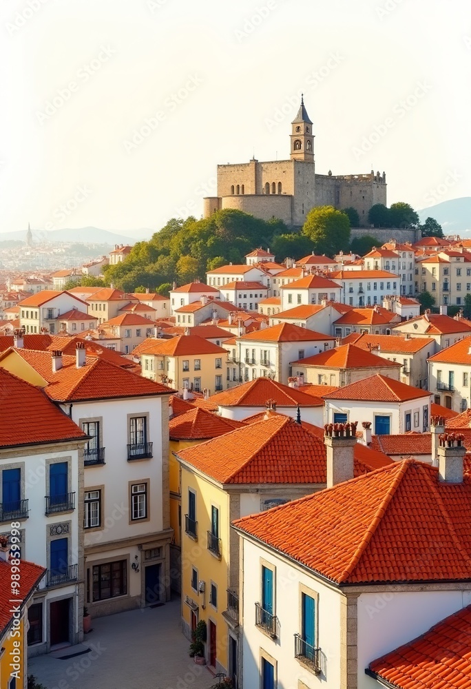 Fototapeta premium Lisbon Watercolor Cityscape: Boho Vibes with Castle View