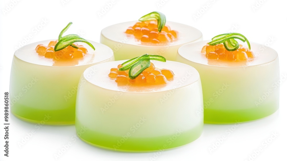 A close up of four small green and white desserts with orange