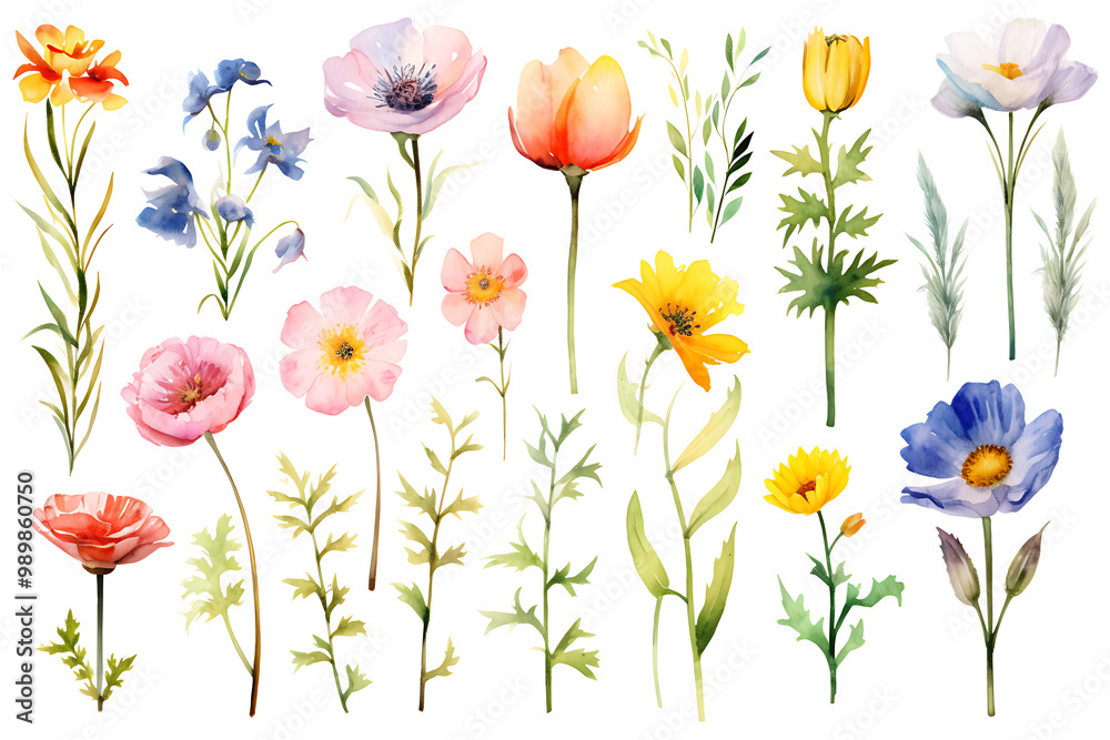 Watercolor botanical illustration of tulip, peony, rose, marigold flowers and leaves Watercolor botanical illustration of tulip, peony, rose, cosmos, marigold flowers and leaves Watercolor botanical illustration of tulip, peony, rose, marigold flowers and leaves Watercolor botanical illustration of tulip, peony, rose, cosmos, marigold flowers and leaves