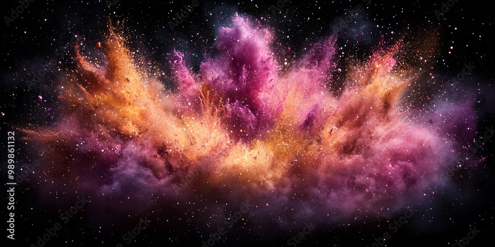 Obraz premium A Cosmic Burst of Color A Vivid Display of Exploding Powder in a Starry Sky