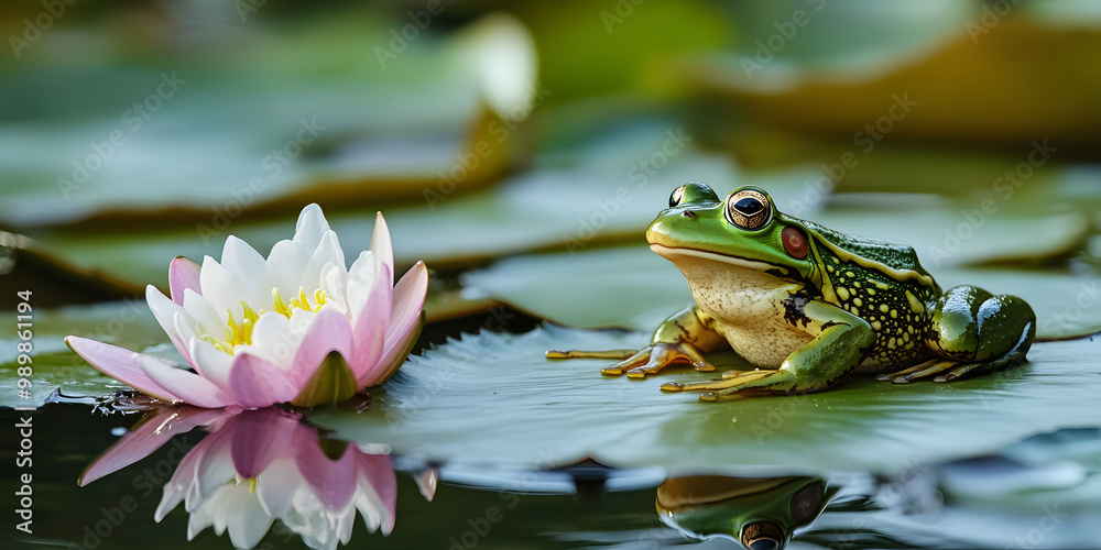 Frog on Lily Pad in Serene Pond Frog on Lily Pad in Serene Pond