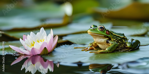 Frog on Lily Pad in Serene Pond