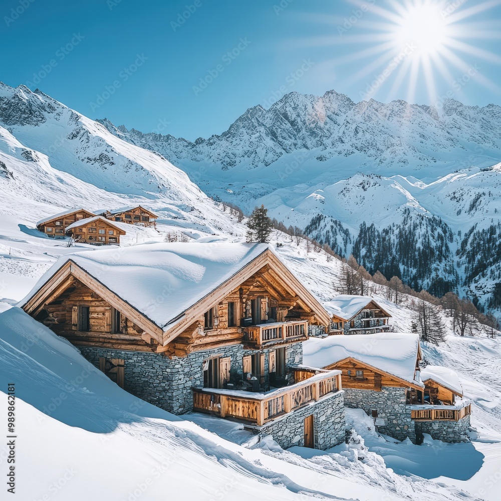 Fototapeta premium Charming snowy chalet with sunlit mountain backdrop