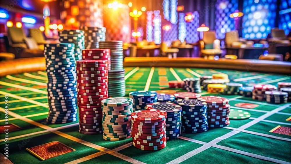 Close-Up Angle Shot of Poker Table with Cards, Chips, and Intense Game Atmosphere in Focus Close-Up Angle Shot of Poker Table with Cards, Chips, and Intense Game Atmosphere in Focus