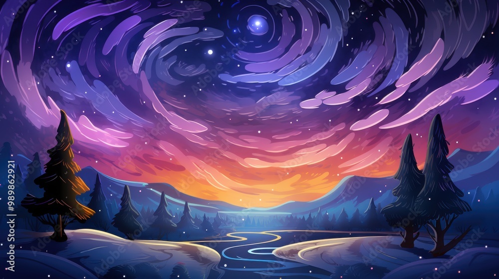 Fototapeta premium A Whimsical Winter Landscape with a Spiraling Starry Sky