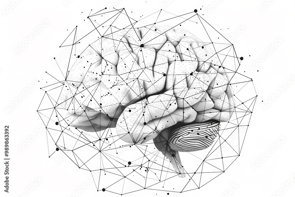 A detailed, abstract illustration of a brain with geometric lines and ...