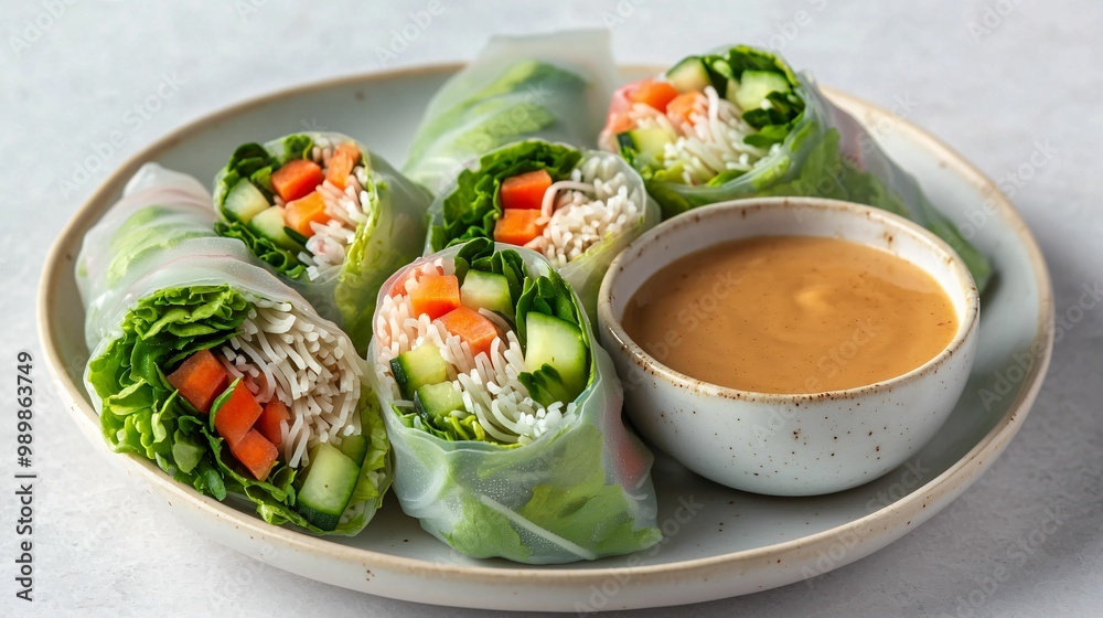 Fresh vegetable spring rolls filled with lettuce, cucumber, carrots, and noodles, served with a creamy peanut dipping sauce on a white plate. Fresh vegetable spring rolls filled with lettuce, cucumber, carrots, and noodles, served with a creamy peanut dipping sauce on a white plate.