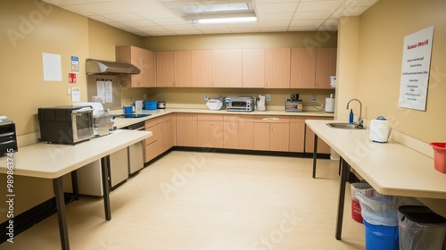 A clean kitchen space with appliances and counters for food preparation and dining.