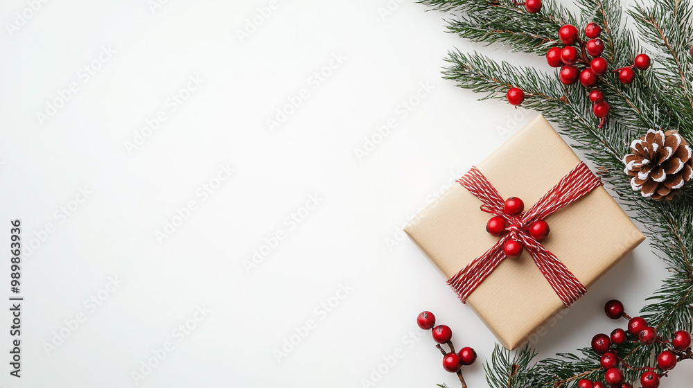 Festive Christmas Gifts with Holly and Pine Decorations. Top view of wrapped Christmas gifts adorned with red berries and pine branches, evoking holiday spirit and festive cheer in a minimalistic Festive Christmas Gifts with Holly and Pine Decorations. Top view of wrapped Christmas gifts adorned with red berries and pine branches, evoking holiday spirit and festive cheer in a minimalistic