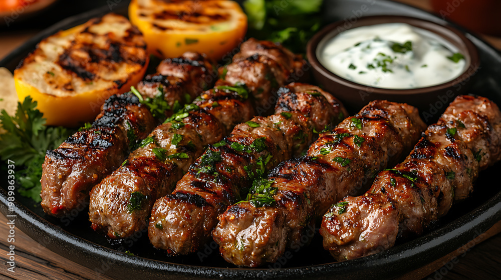 A platter of grilled lamb kebabs served with yogurt sauce and flatbread A platter of grilled lamb kebabs served with yogurt sauce and flatbread
