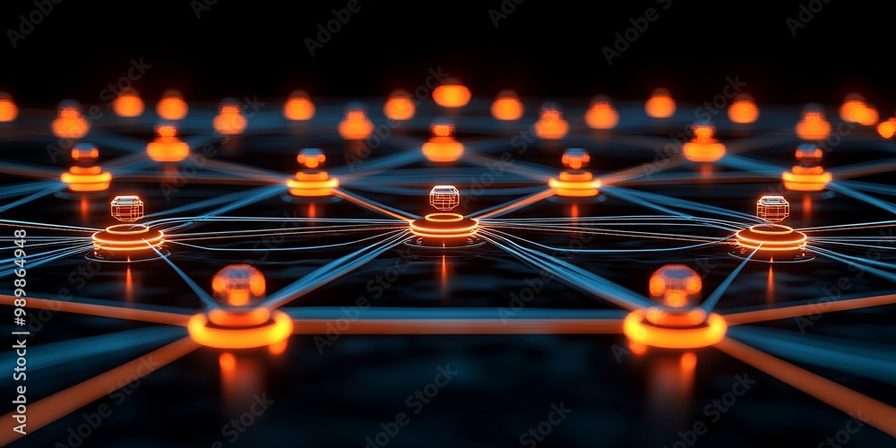A luminous web of interconnected nodes, each glowing with an ethereal orange light, symbolizing a complex network of relationships and interactions. A luminous web of interconnected nodes, each glowing with an ethereal orange light, symbolizing a complex network of relationships and interactions.