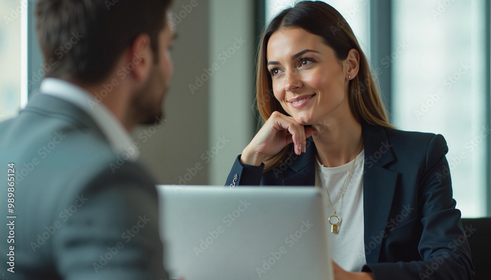 Businesswoman smiling during a meeting with a male colleague in a modern office 
