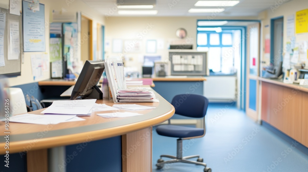 A clean office space with a reception desk and empty chair, designed for administrative tasks. A clean office space with a reception desk and empty chair, designed for administrative tasks.