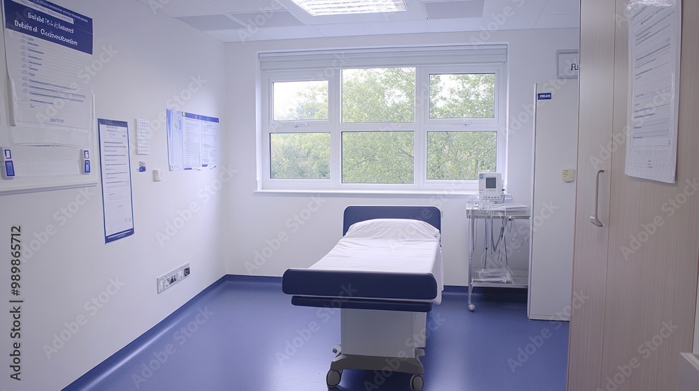 A clean, bright medical room with a bed and medical equipment. A clean, bright medical room with a bed and medical equipment.