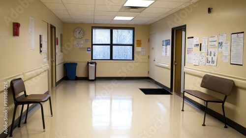 A clean, empty hallway in a medical facility with chairs and informational posters.
